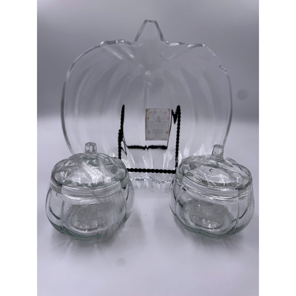 Glass Pumpkin Plate and 2 Lidded Jars Set